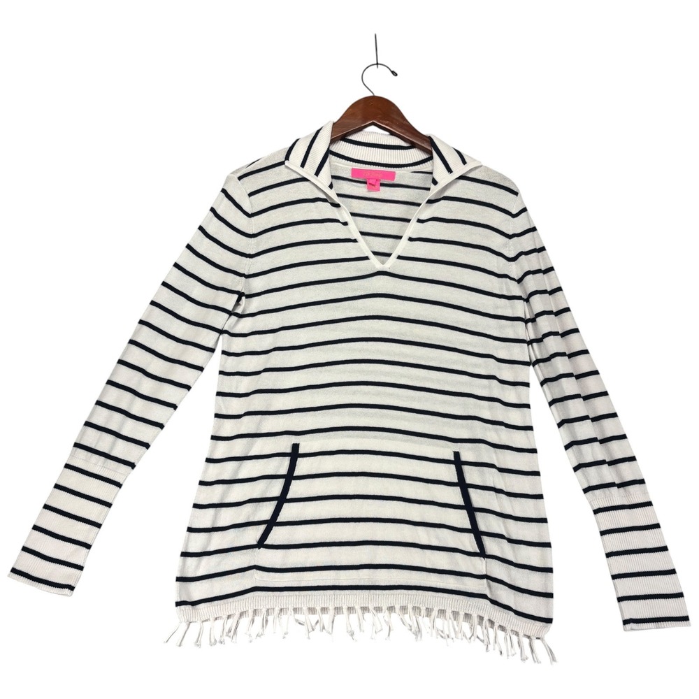 Lilly Pulitzer Crestwood Sweater S Navy Stripe Fringe Coastal Preppy Nautical